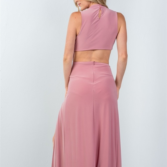 Cutout thigh high slit sexy mauve maxi dress - Picture 4 of 5